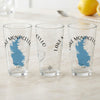 Three clear drinking glasses printed with a blue map of Lake Monticello and compass rose graphics.