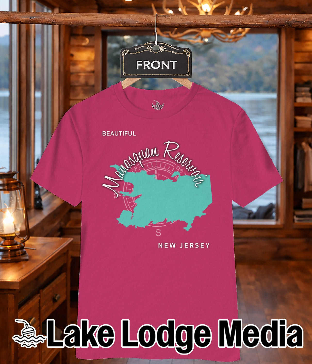 Raspberry t-shirt with "Manasquan Reservoir NEW JERSEY" map design.