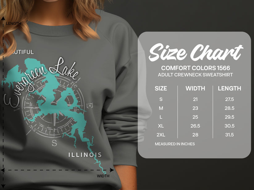 Size chart for Evergreen Lake adult crewneck sweatshirt with measurements.