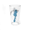 Clear glass pint glass with blue Barlow Lake outline and compass rose design.