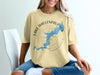 Yellow t-shirt with blue Lake Wallenpaupack, Pennsylvania map and compass design.