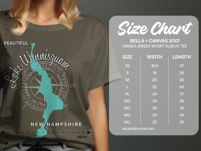T-shirt with Lake Winnipesaukee map and New Hampshire, and a Bella + Canvas 3001 size chart.