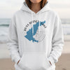 White hoodie with blue Ross Barnett Lake outline and compass graphic.