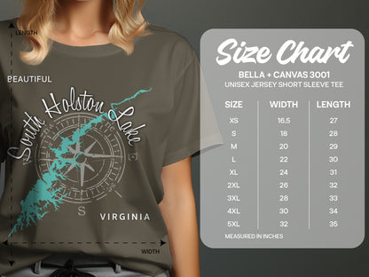 T-shirt size chart for Bella + Canvas 3001 showing unisex short sleeve tee measurements.