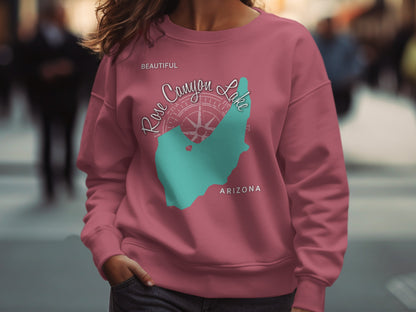Rose Canyon Lake Arizona map graphic on a pink crewneck sweatshirt.