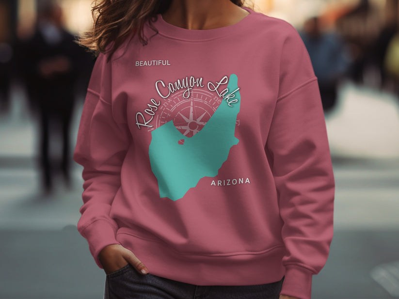 Rose Canyon Lake Arizona map graphic on a pink crewneck sweatshirt.