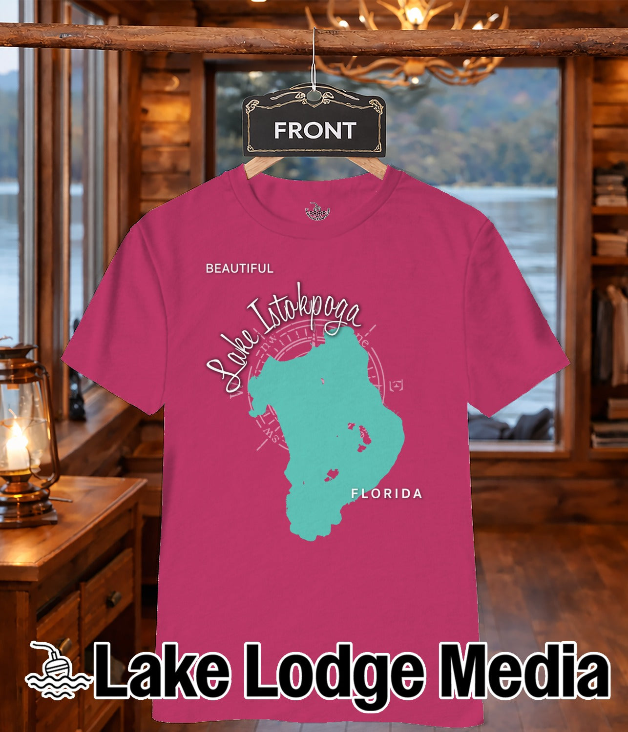 Pink t-shirt with turquoise Lake Istokpoga outline and "FRONT" text.