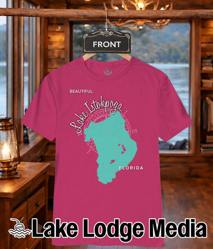 Pink t-shirt with turquoise Lake Istokpoga outline and "FRONT" text.