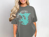 Gray t-shirt with turquoise graphic of Lake Casitas, California and compass rose.