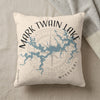 Mark Twain Lake Missouri map design on a cream pillow with compass graphic.