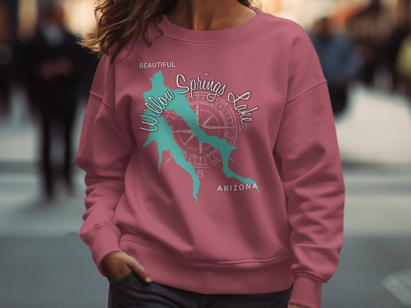 Rose sweatshirt with Willow Springs Lakes Arizona compass design.