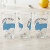 Three clear glasses with "Walden Pond Massachusetts" map design and compass rose.