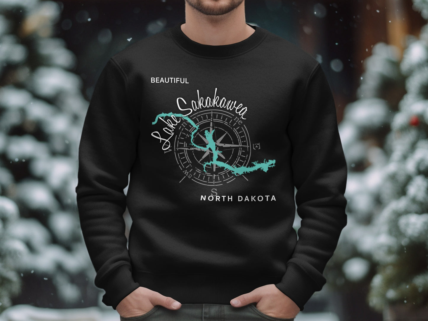 Black sweatshirt with Lake Sakakawea, North Dakota map and compass design.