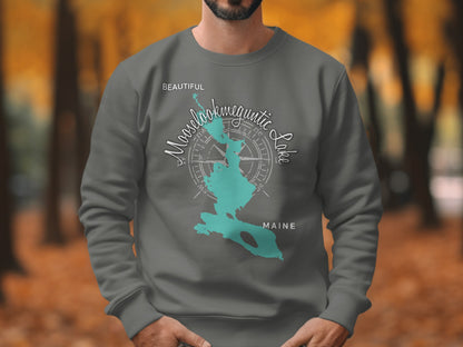 Sweatshirt with Mooselookmeguntic Lake map and compass rose graphic.
