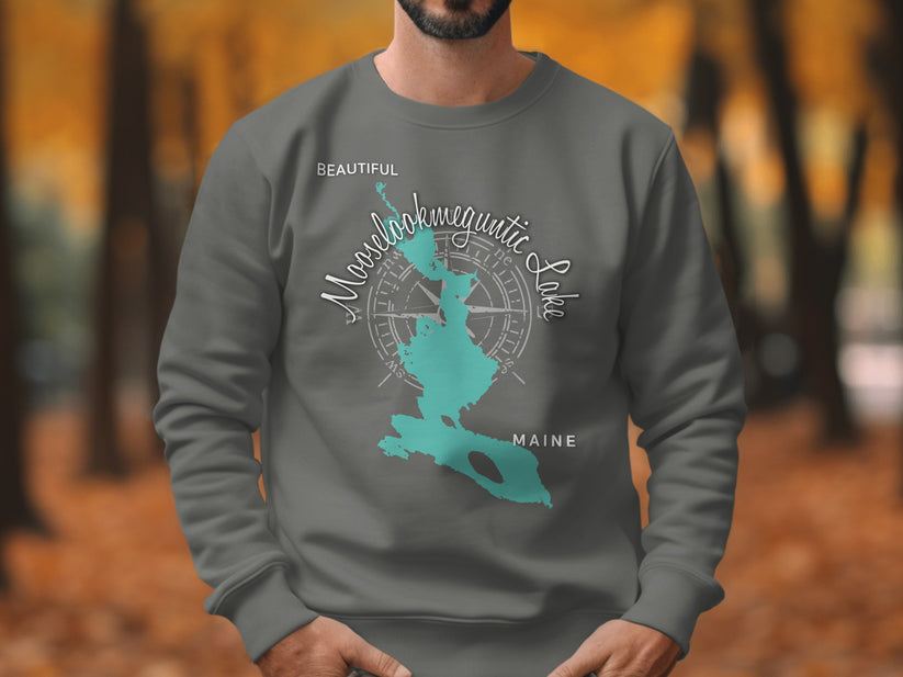Sweatshirt with Mooselookmeguntic Lake map and compass rose graphic.
