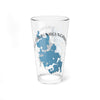 Clear glass pint glass with blue Lake Chaubunagungamaug map and text.