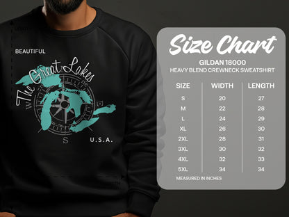 Black sweatshirt with Great Lakes map, next to Gildan 18000 size chart.