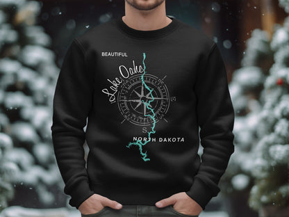 Black sweatshirt with "Beautiful Lake Oahe North Dakota" and a compass design.