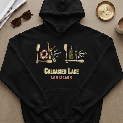 Black hoodie with "Calcasieu Lake Louisiana" above nautical graphic elements.