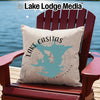 Pillow with Lake Casitas California map design on Adirondack chair by water.
