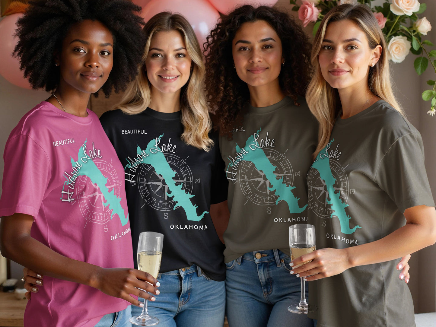 Four women in t-shirts with Hudson Lake, Oklahoma compass design.