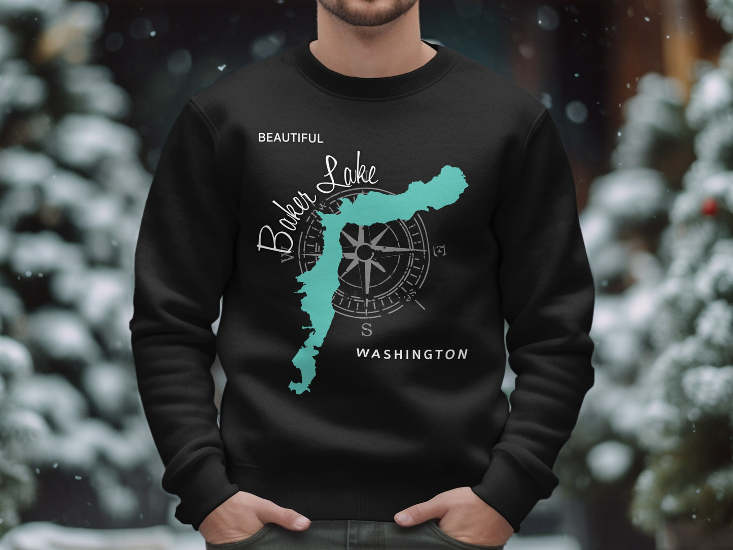 Black sweatshirt with turquoise Baker Lake map and compass graphic.