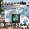Personalized lake-themed mug, tumbler, water bottle, and coaster with boat lake imagery.
