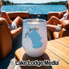 A white stainless steel wine tumbler with a blue map graphic and Lake George text on a boat table.