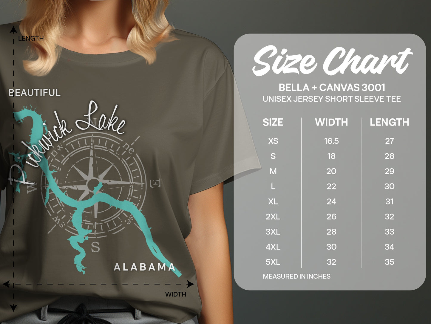 T-shirt with "Pwhwick Lake ALABAMA" graphic and size chart.