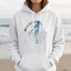 White hoodie with Belew Lake North Carolina map and compass graphic.