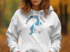 White hoodie with blue Lake Pend Oreille, Idaho map graphic and compass rose.