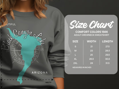 Crewneck sweatshirt size chart with measurements for Comfort Colors 1566.