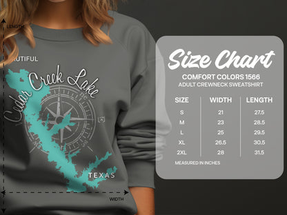 Crewneck sweatshirt size chart with Cedar Creek Lake graphic.