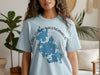 Light blue t-shirt with a blue map of Lake Chaubunagungamaug, Massachusetts.