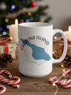 White mug featuring a blue silhouette of Catalina Island with "Catalina Island California" text.