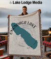 Woven throw blanket featuring a teal outline of Onondaga Lake, New York.