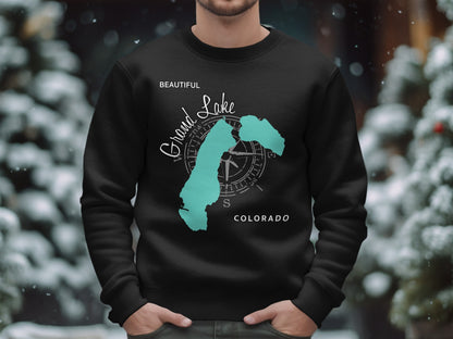 Black crewneck sweatshirt with a teal map outline of Grand Lake, Colorado.
