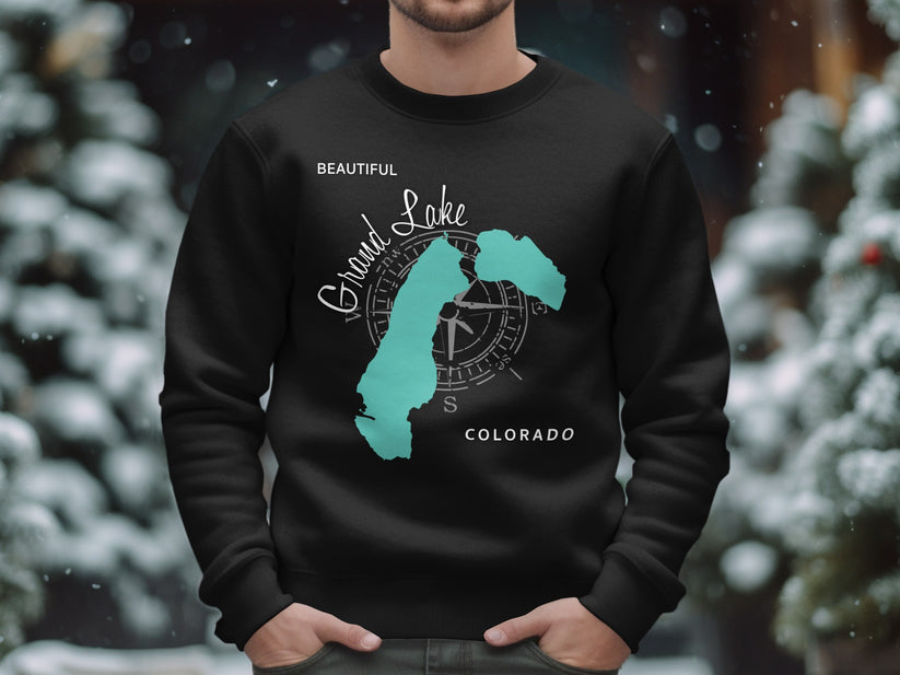 Black crewneck sweatshirt with a teal map outline of Grand Lake, Colorado.