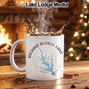 White mug with Richard Russell Lake Georgia map and compass design.