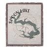 Spoon Lake Illinois map design on a woven throw with fringe and compass rose detail.