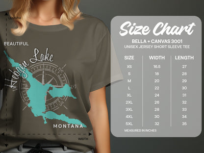 T-shirt size chart for Bella + Canvas 3001 unisex tee with lake graphic.
