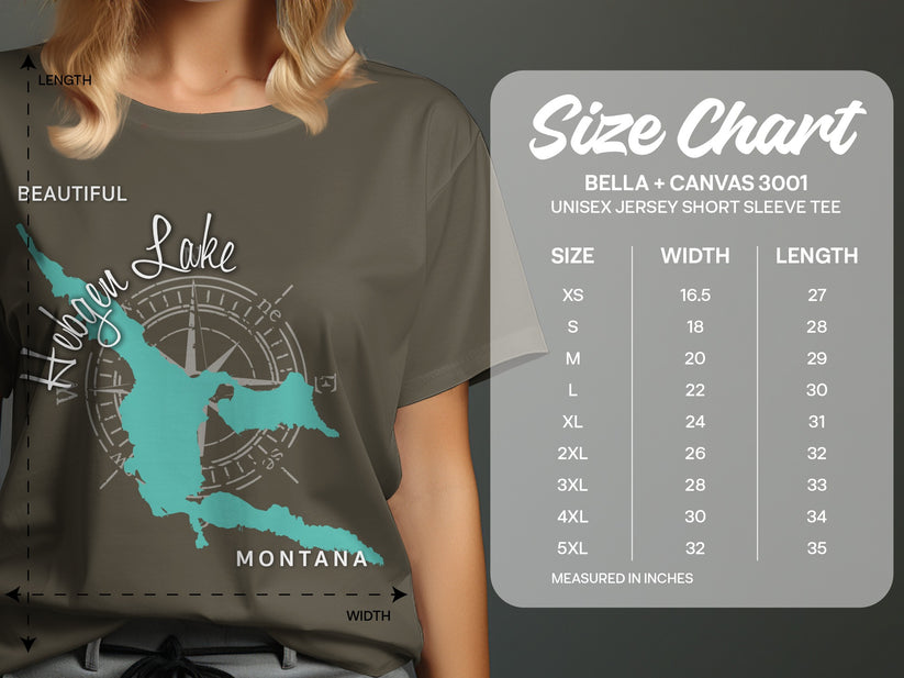 T-shirt size chart for Bella + Canvas 3001 unisex tee with lake graphic.