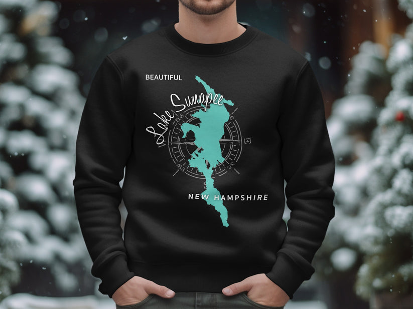 Black sweatshirt featuring a teal compass rose and Lake Sunapee, New Hampshire map.
