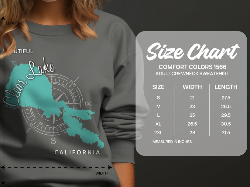 Clear Lake California graphic sweatshirt size chart with measurements.