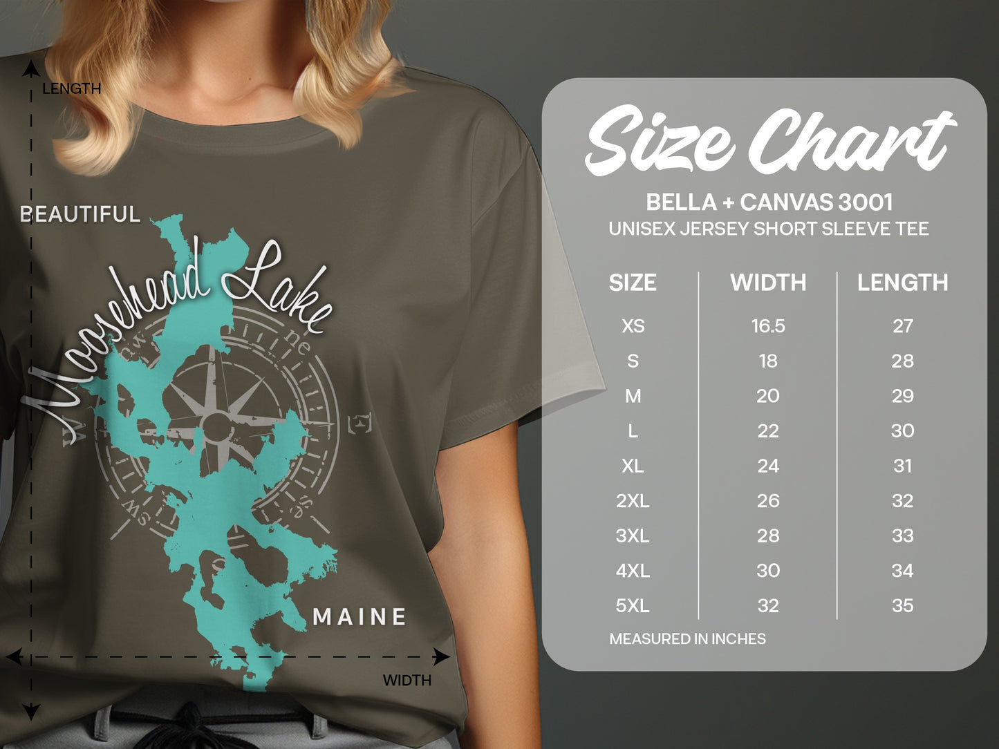 Size chart for Bella + Canvas 3001 unisex short sleeve tee, listing sizes XS-5XL.