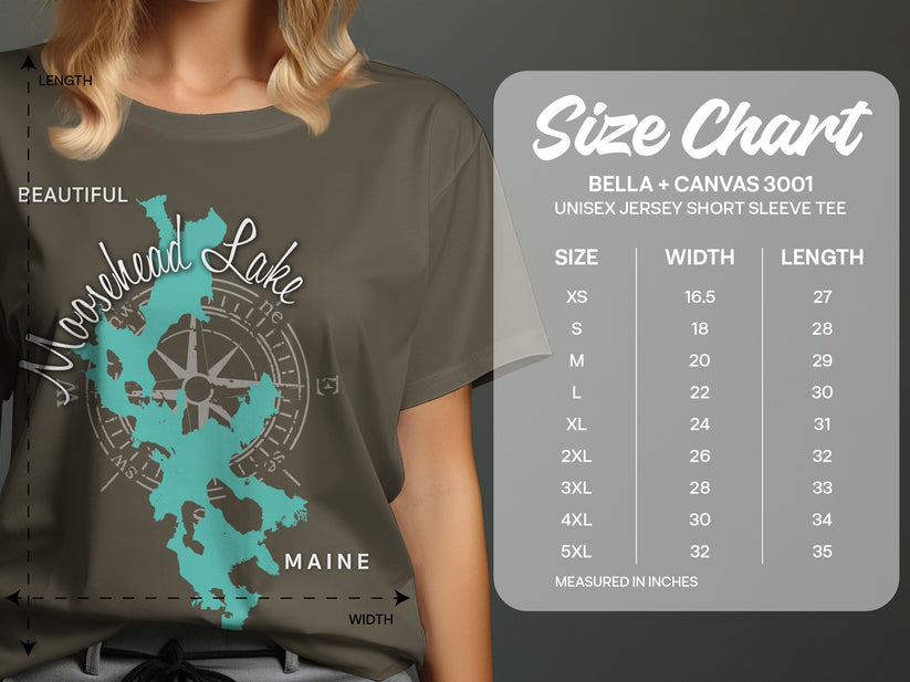 Size chart for Bella + Canvas 3001 unisex short sleeve tee, listing sizes XS-5XL.