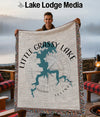 Woven blanket with Little Grassy Lake, Illinois map and compass design.