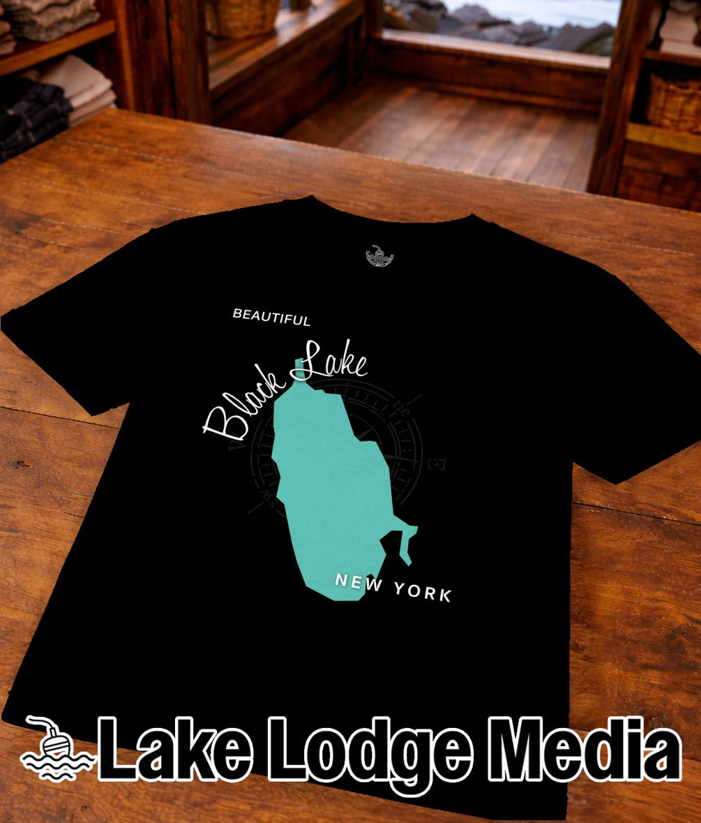 Black Lake New York graphic on a black t-shirt with Lake Lodge Media logo.