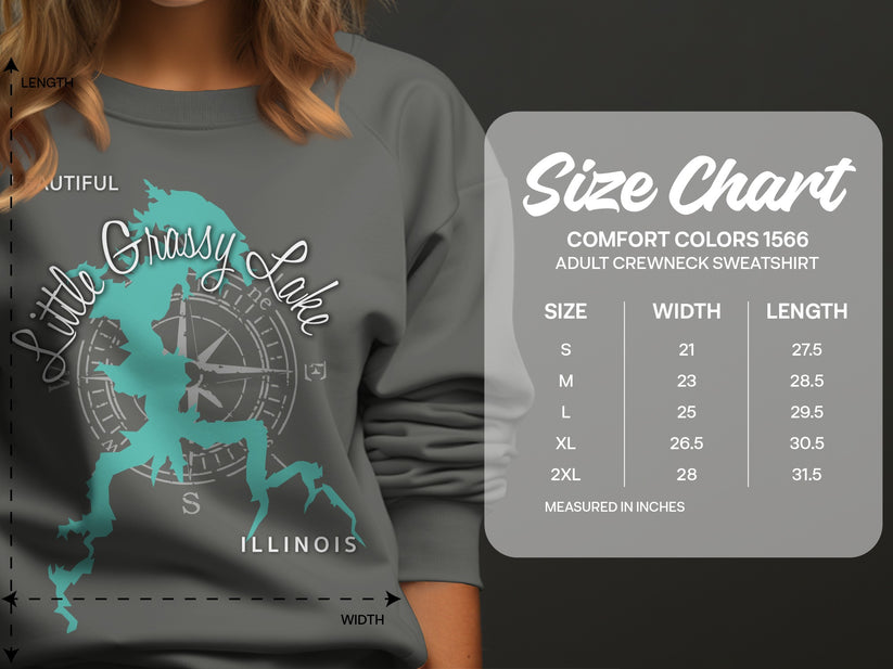 Comfort Colors 1566 adult crewneck sweatshirt size chart with measurements.