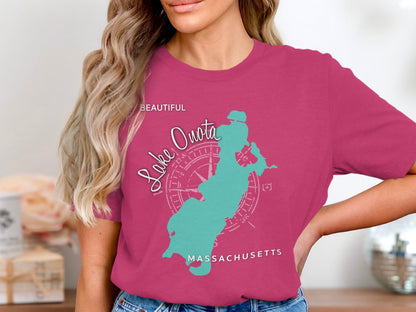Pink t-shirt with teal outline map of Lake Quinsigamond, Massachusetts.